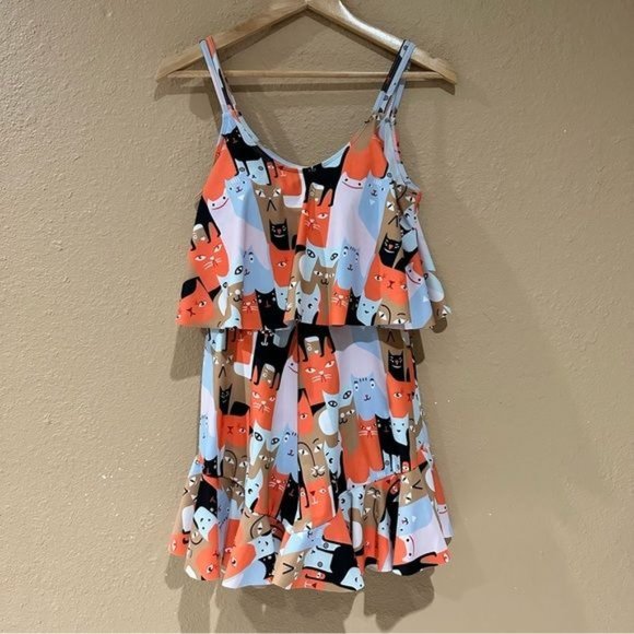 Cat Print Mod Romper Sleeveless Ruffle Padded Bra Pin Up Women’s Medium - Picture 14 of 14